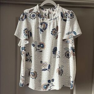 LOFT White Floral Ruffle Sleeve Blouse with Blue & Tan Accents